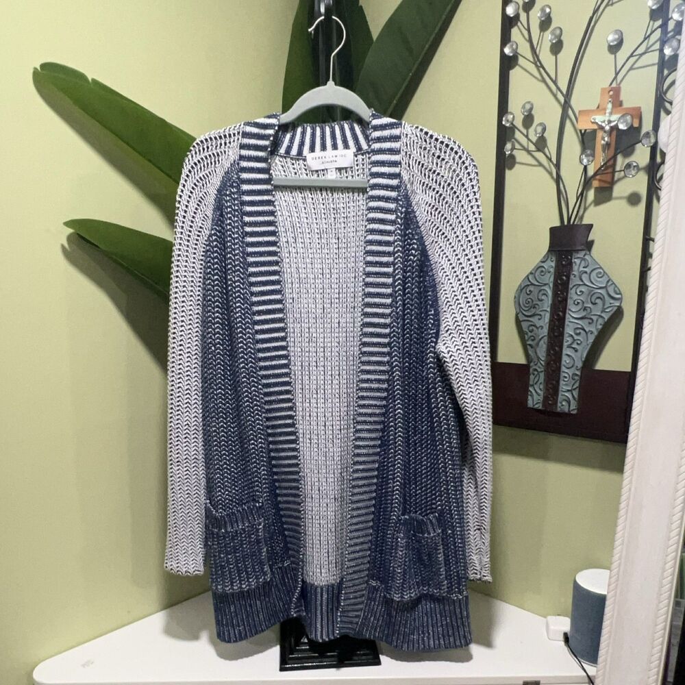 Athleta Derek Lam 10C Women's Blue White Striped Knit Cardigan Sweater M
